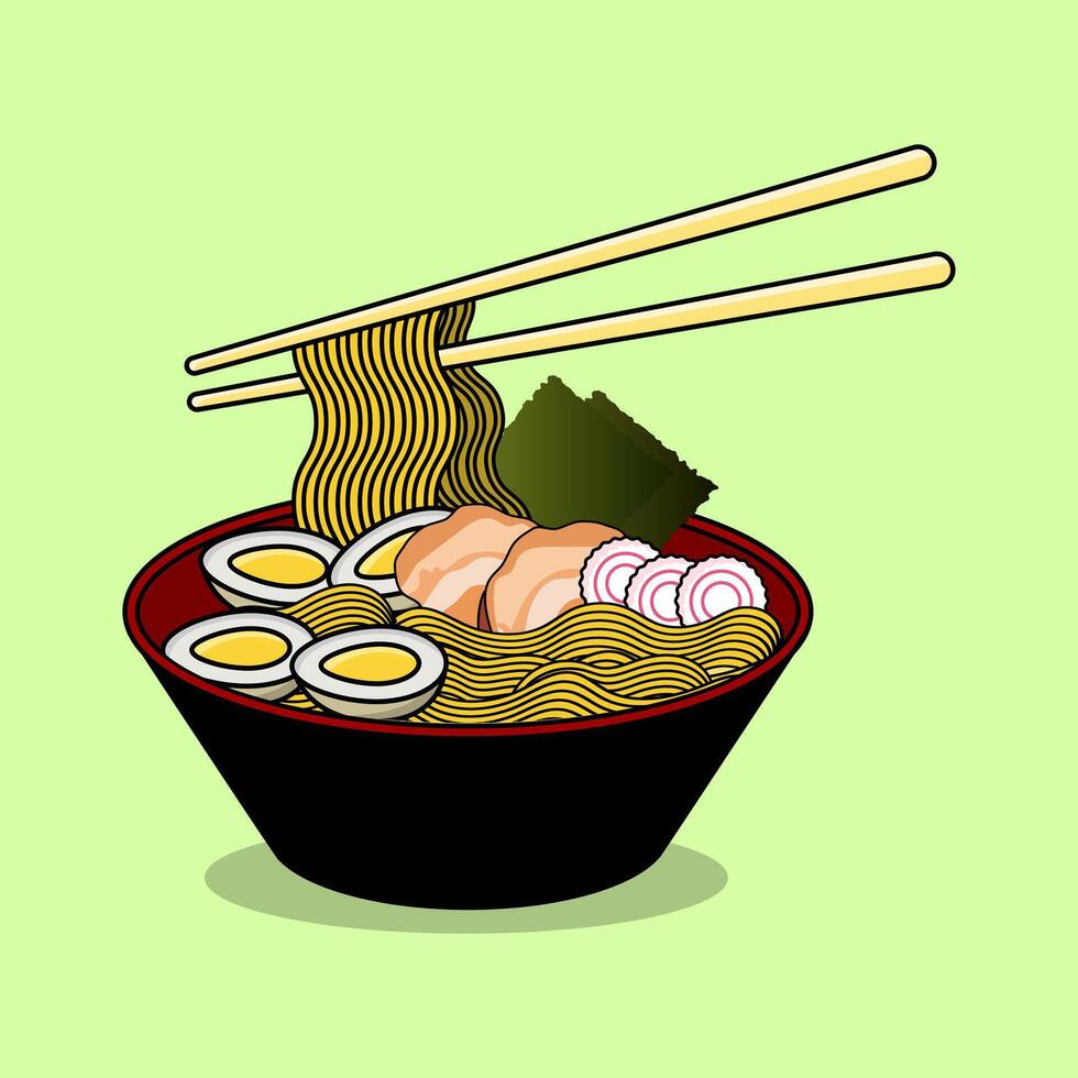 A bowl of traditional Ramen with light green background vector