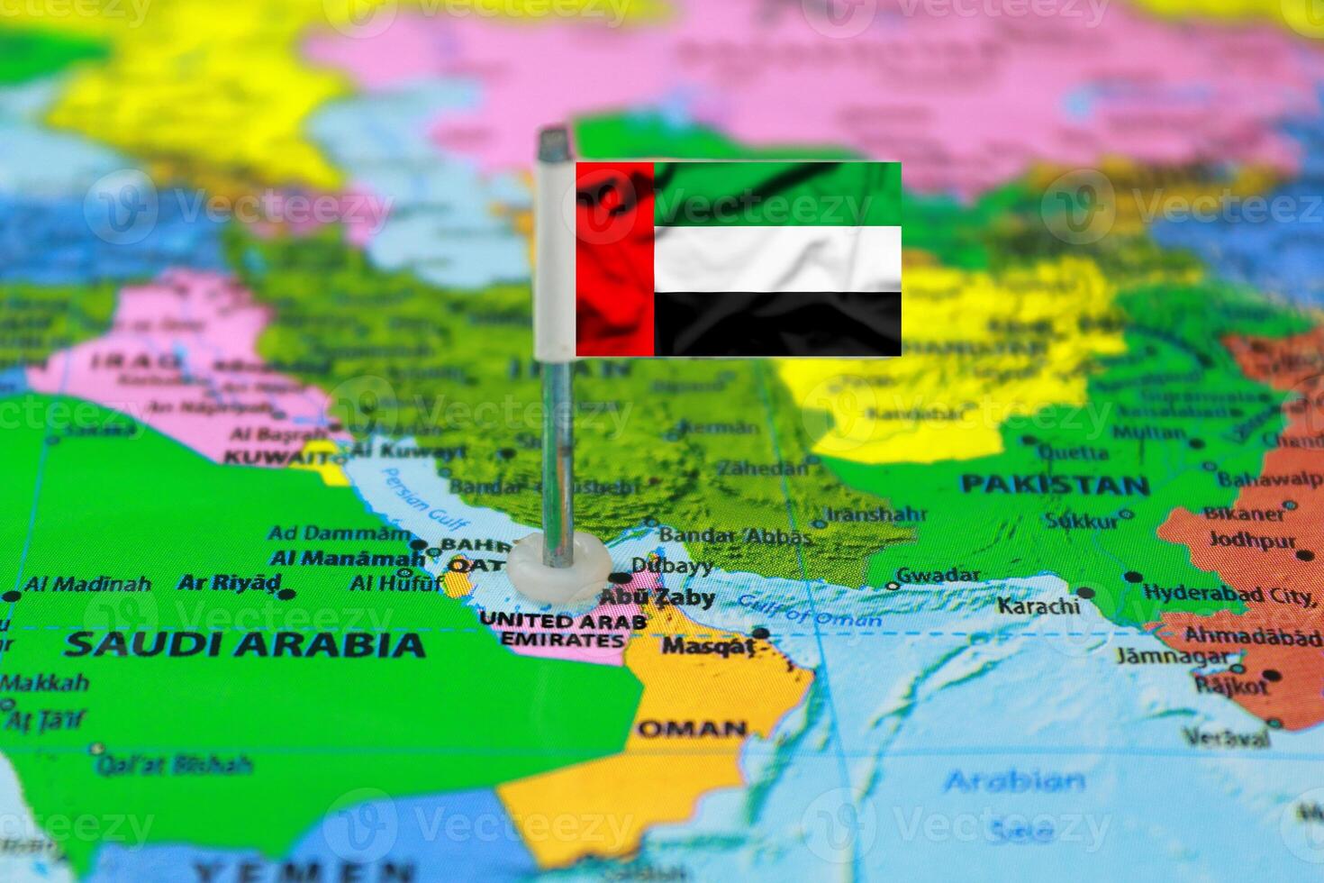 UAE Flag Over World Map, Selectiove Focus photo