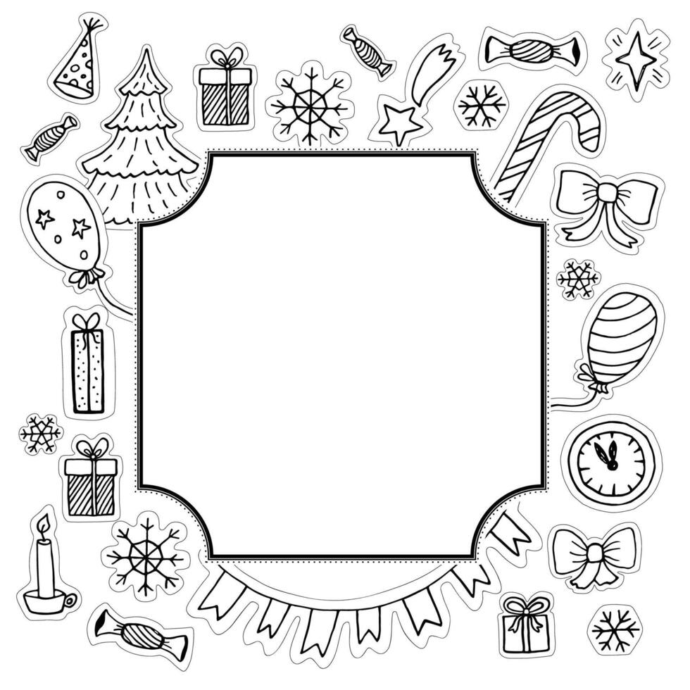 Cute Christmas and winter holiday doodle frame with hand drawn elements. vector