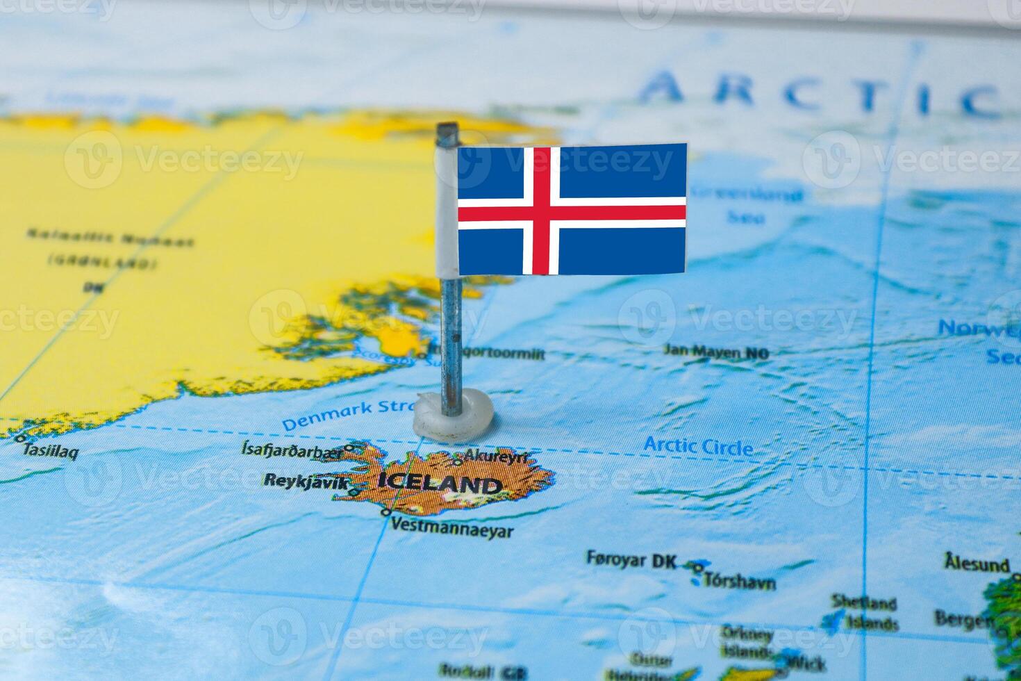 Iceland Flag Over World Map, Closeup view photo