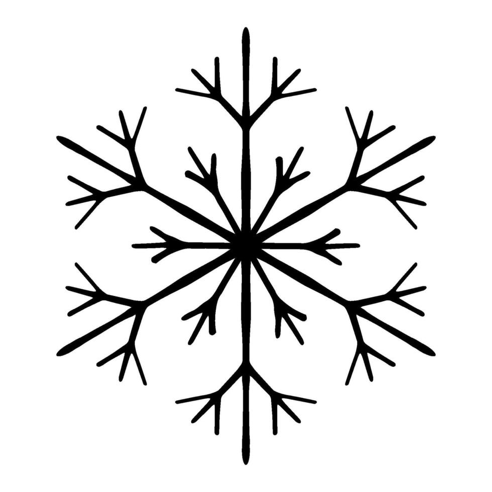 Intricate black illustration of a snowflake with symmetrical geometric patterns. Perfect for Christmas and winter designs, holiday cards, seasonal decorations, and festive creative projects vector