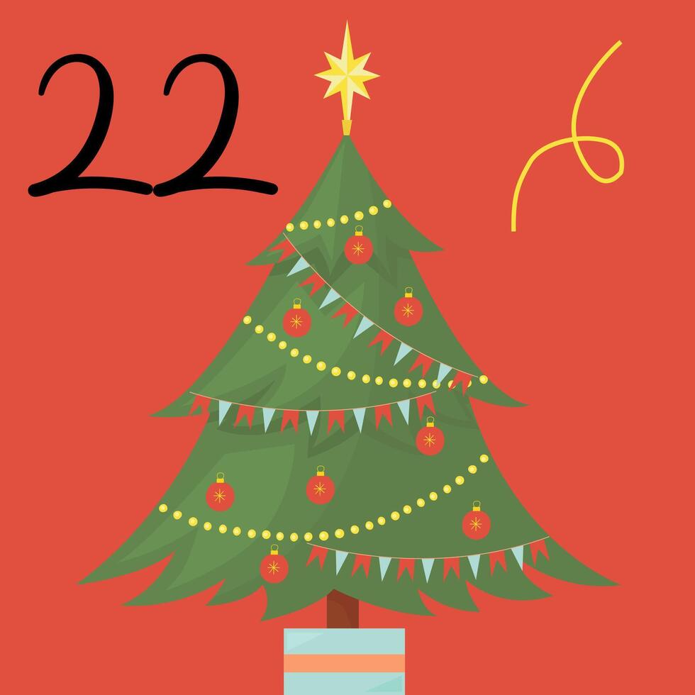Christmas advent calendar with Christmas tree and garlands decorations. 22nd of december day. flat illustration vector