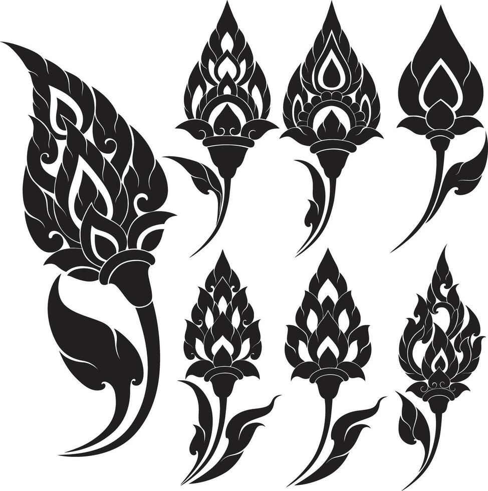 Floral Thai Art Motif Intricate Cultural Design A detailed set of Thai-inspired decorative patterns suitable for posters fabric prints and logo design vector