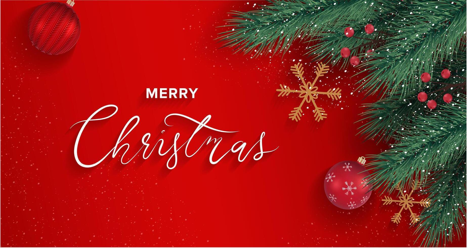 Christmas decoration banner with fir branches and snowflakes and glass balls on red background. illustration vector