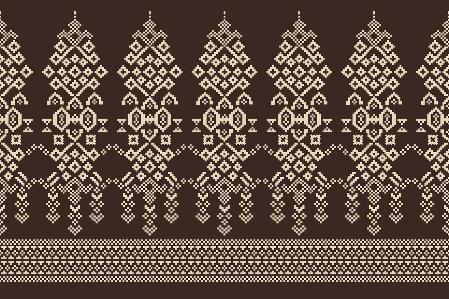 Brown background color wthnic pattern design cross stitch with fabric pattern decor. vector