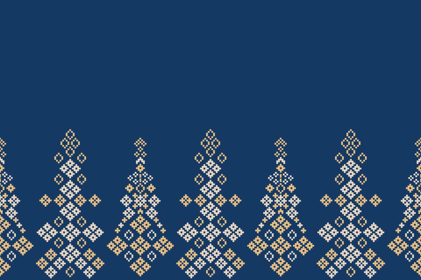 Ethnic pattern motif blue background cross stitch fabric pattern with ethnic pixel art. vector