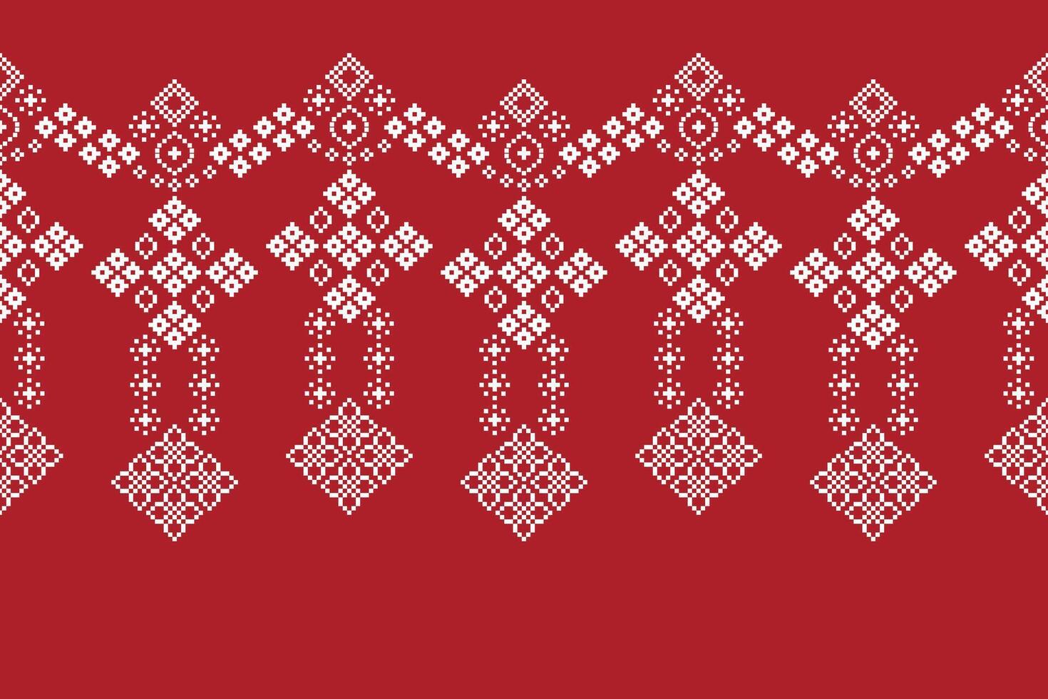 Red color background with motif and ethnic pattern cross stitch pattern. vector