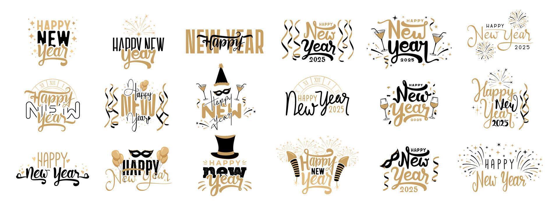 collection of happy new year 2025 unique text calligraphy design with golden and black colour, new year festival typography designs vector