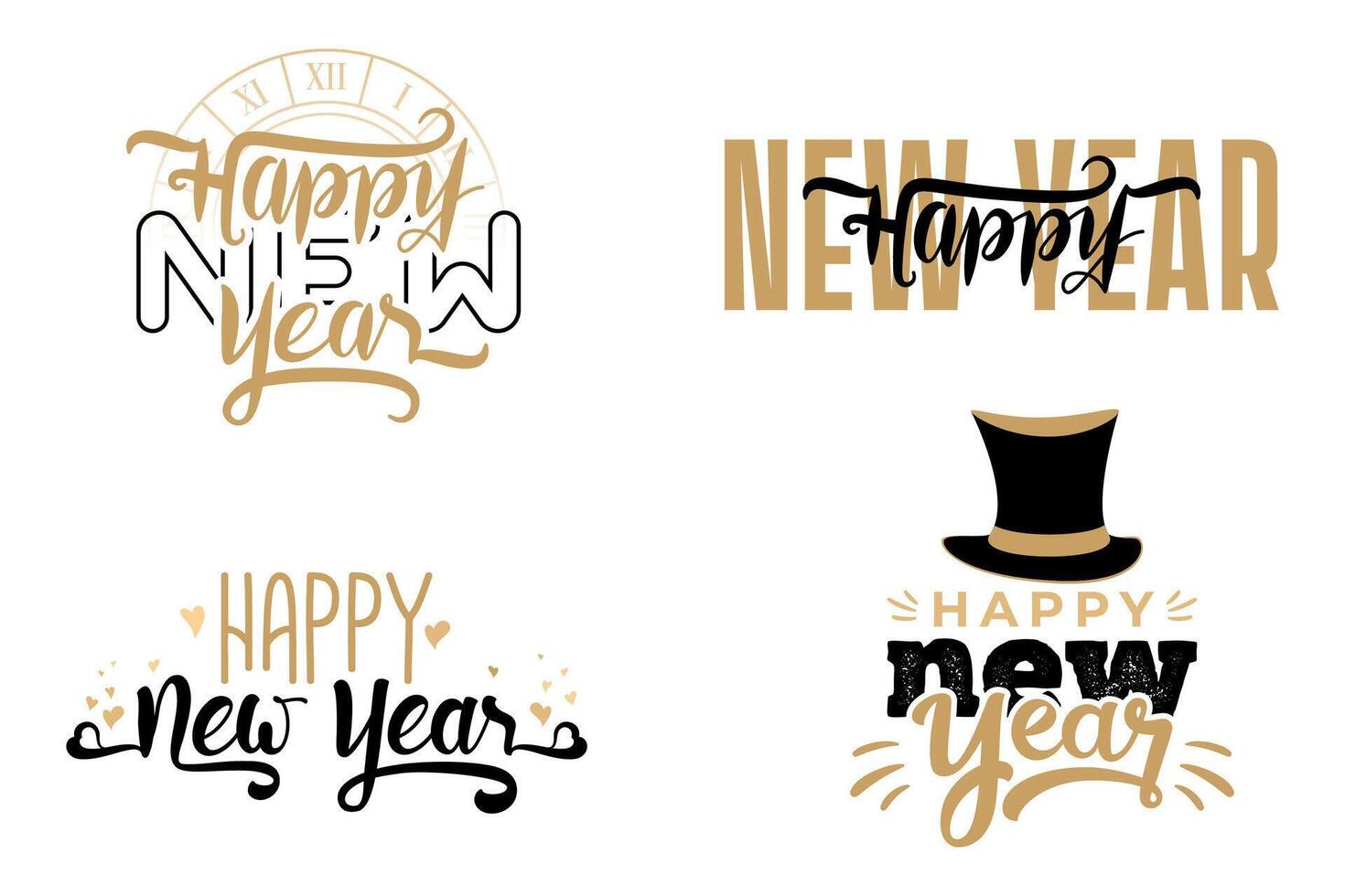 collection of happy new year 2025 unique text calligraphy design with golden and black color vector