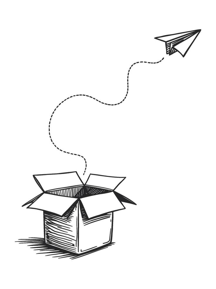 Paper airplane flying out of box, hand drawn line art illustration vector