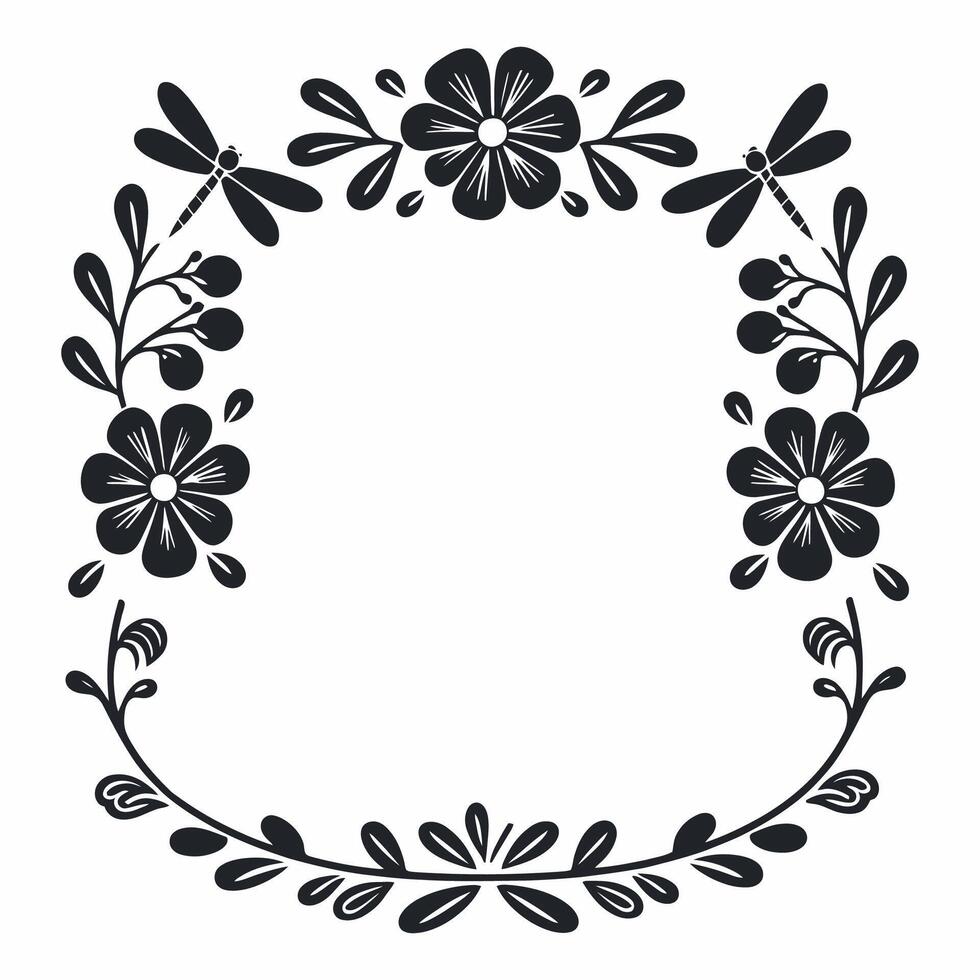Black and White Flower Frame with Dragonflies vector