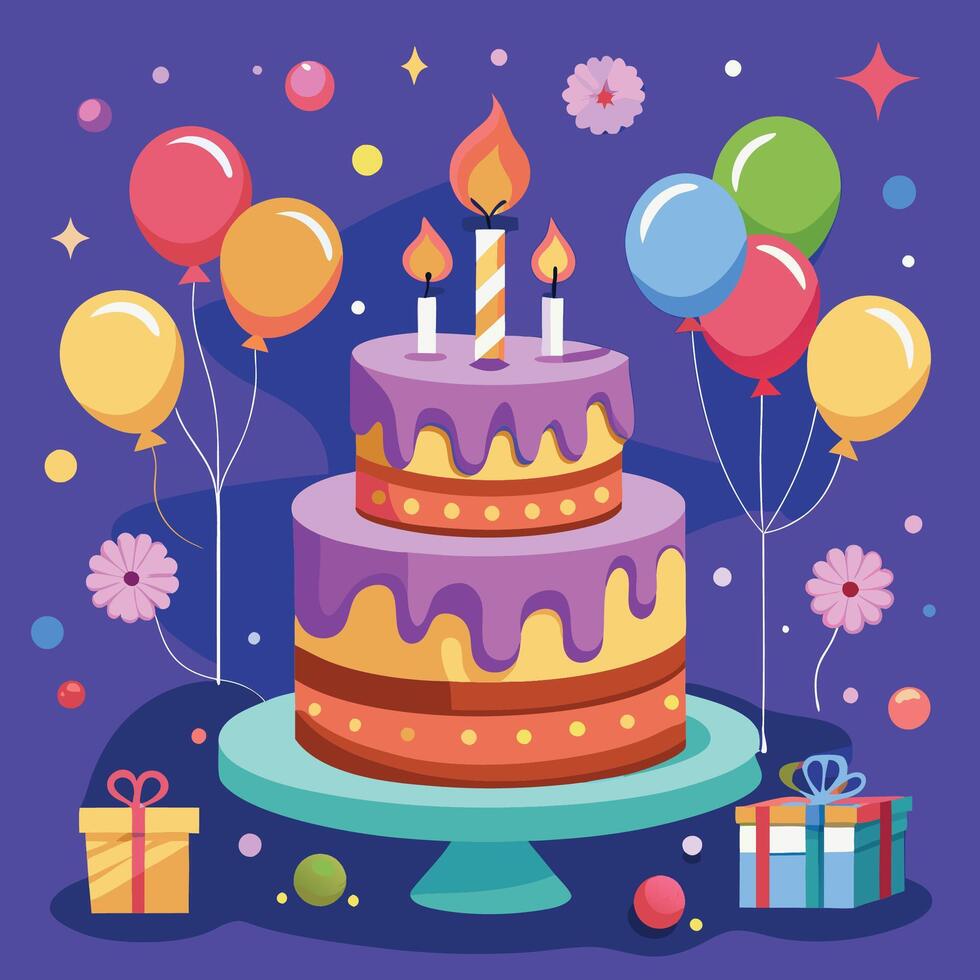 Cake with Balloons and Candle for Birthday vector