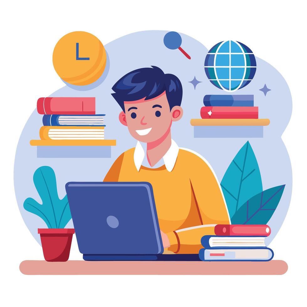 Focused Student on Laptop vector