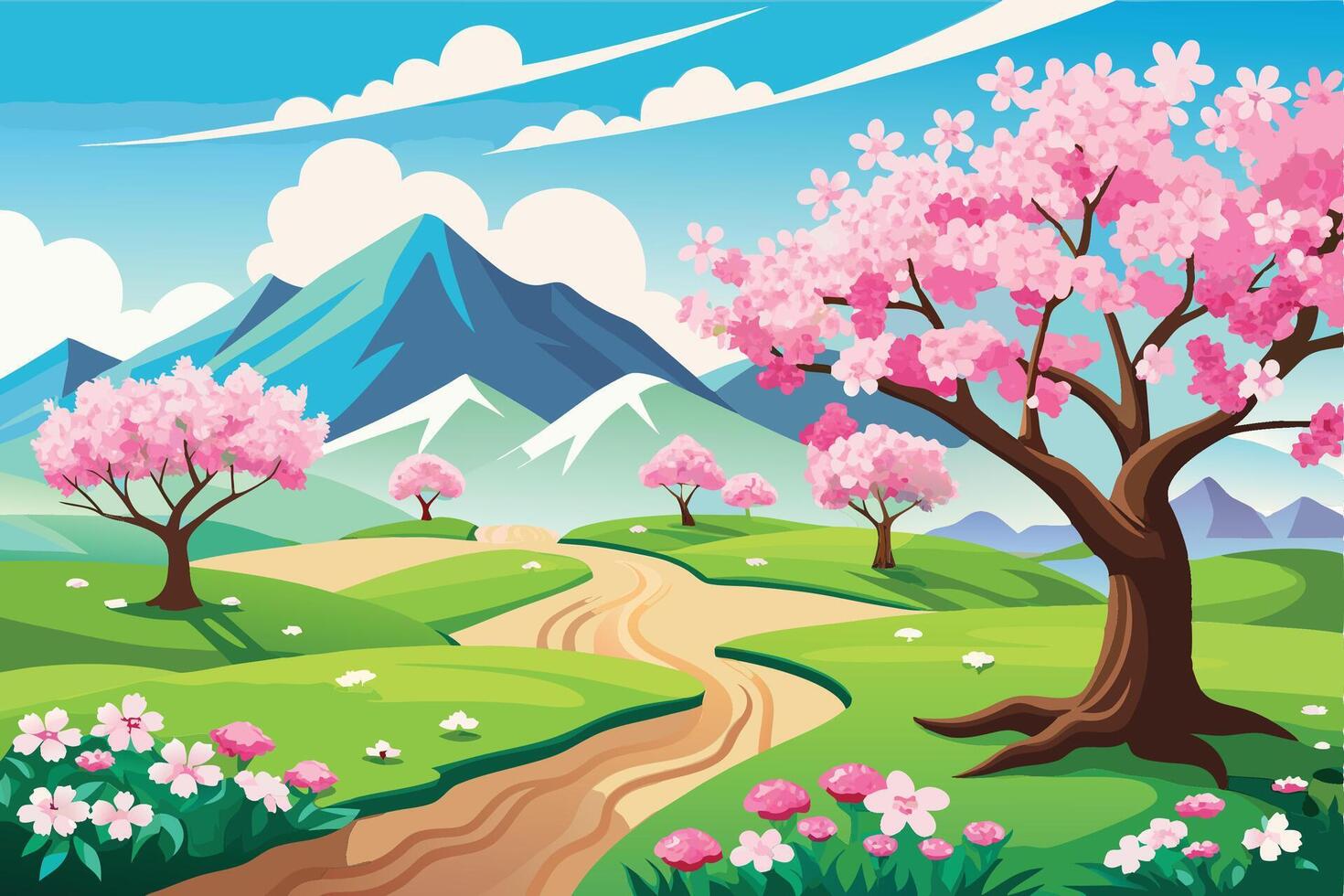 Japanese Nice Garden Filled with Cherry Blooms vector