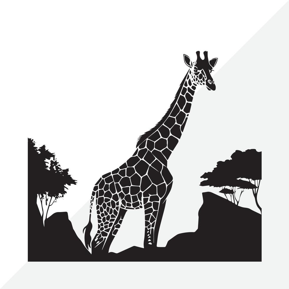 a giraffe is standing in front of a picture of a mountain vector