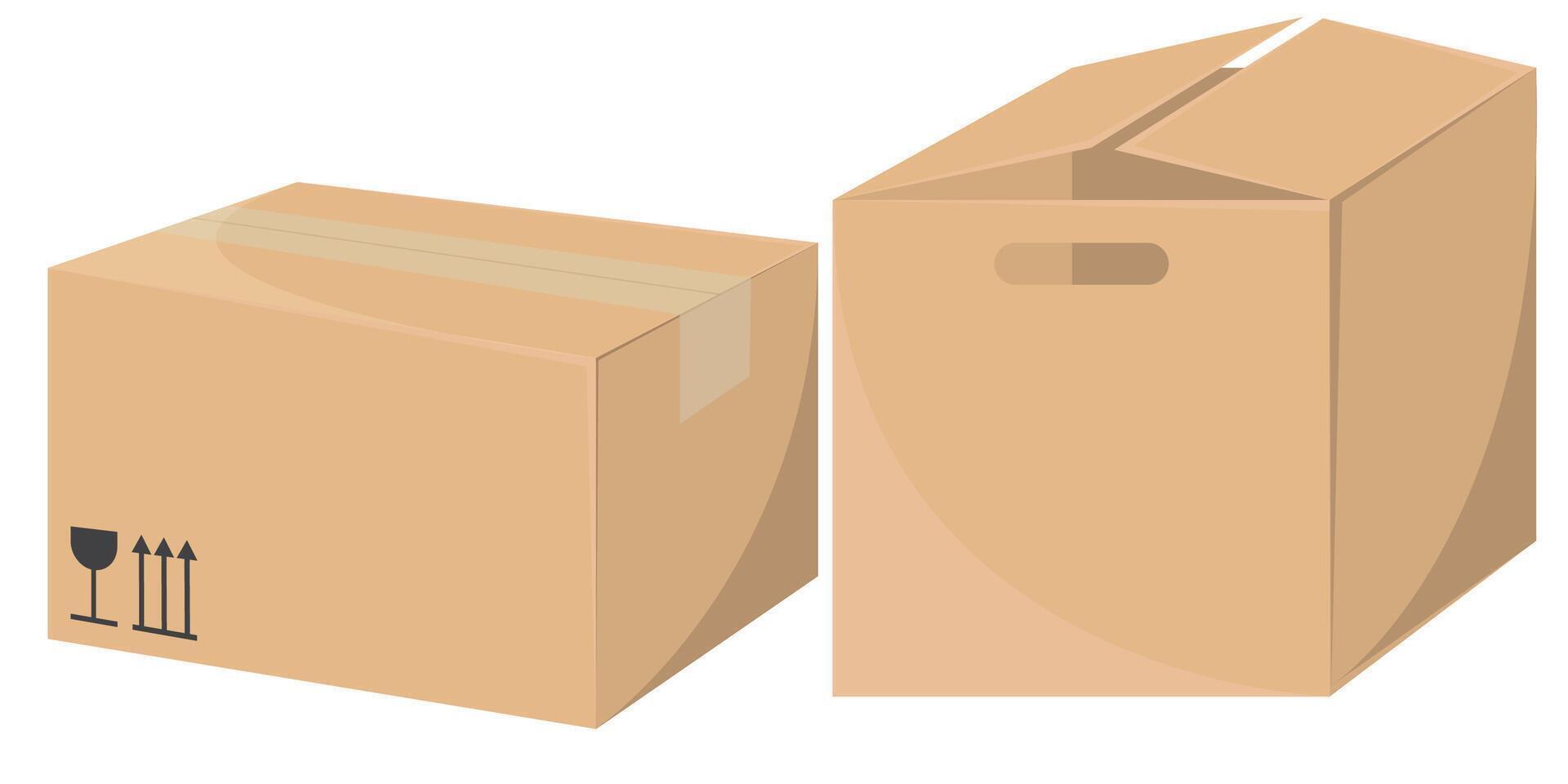 illustrations of craft-style cardboard boxes for delivery, shown in front and side views for a realistic presentation. vector