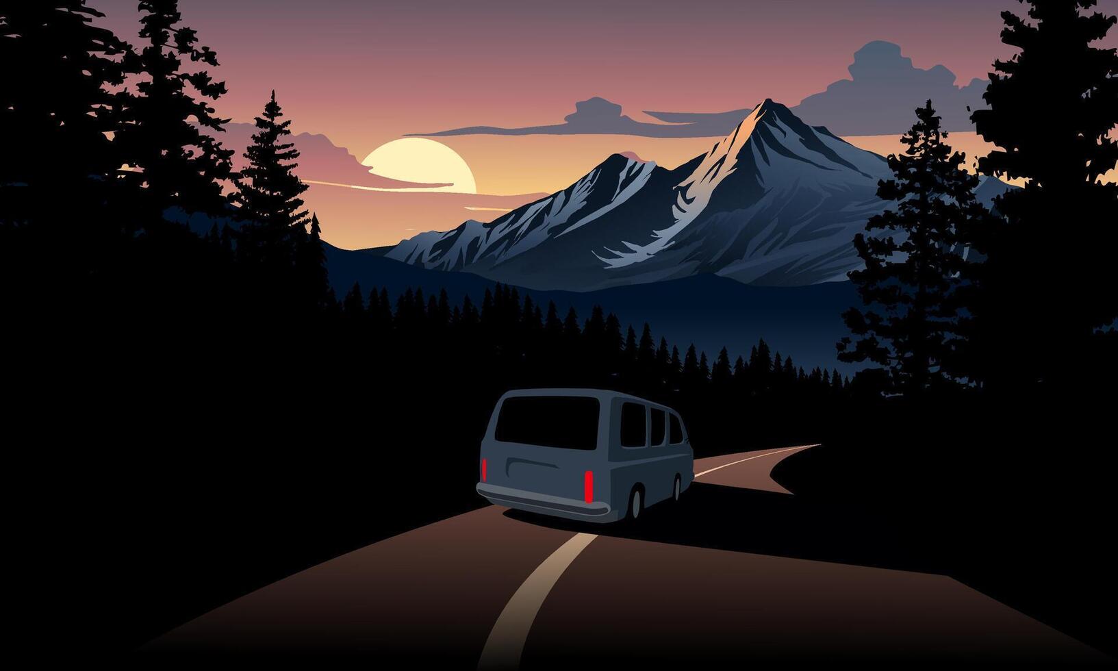 Sunset road trip through road in mountain forest vector