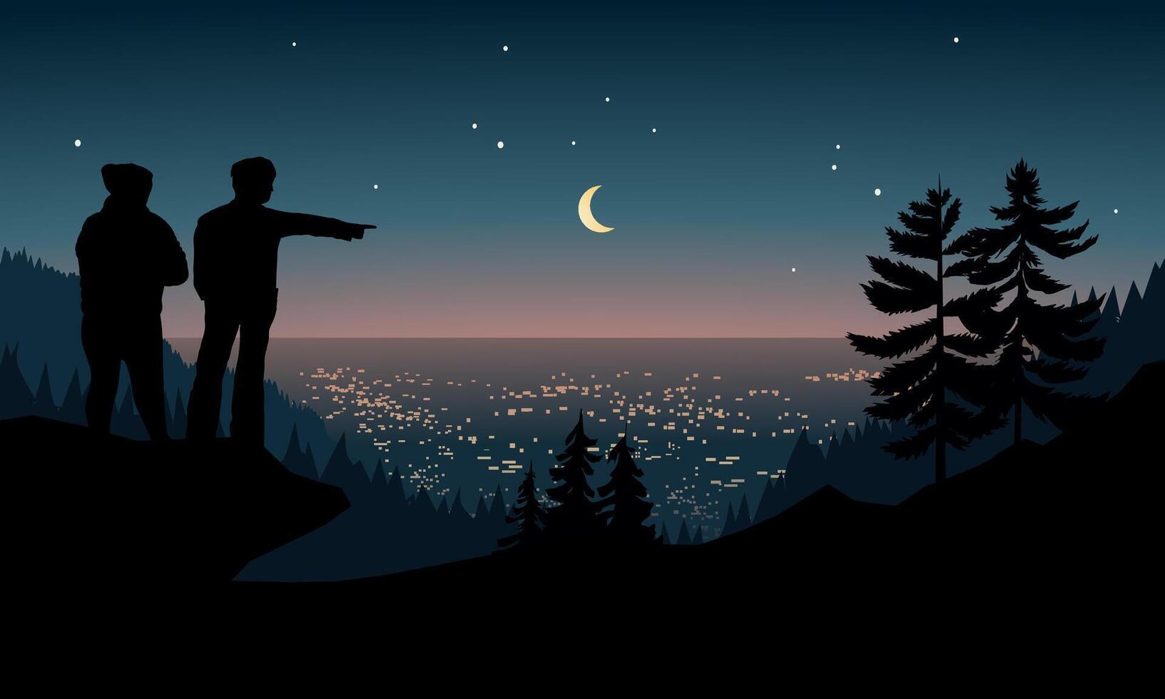 Hikers on the hill top watching the city night view vector