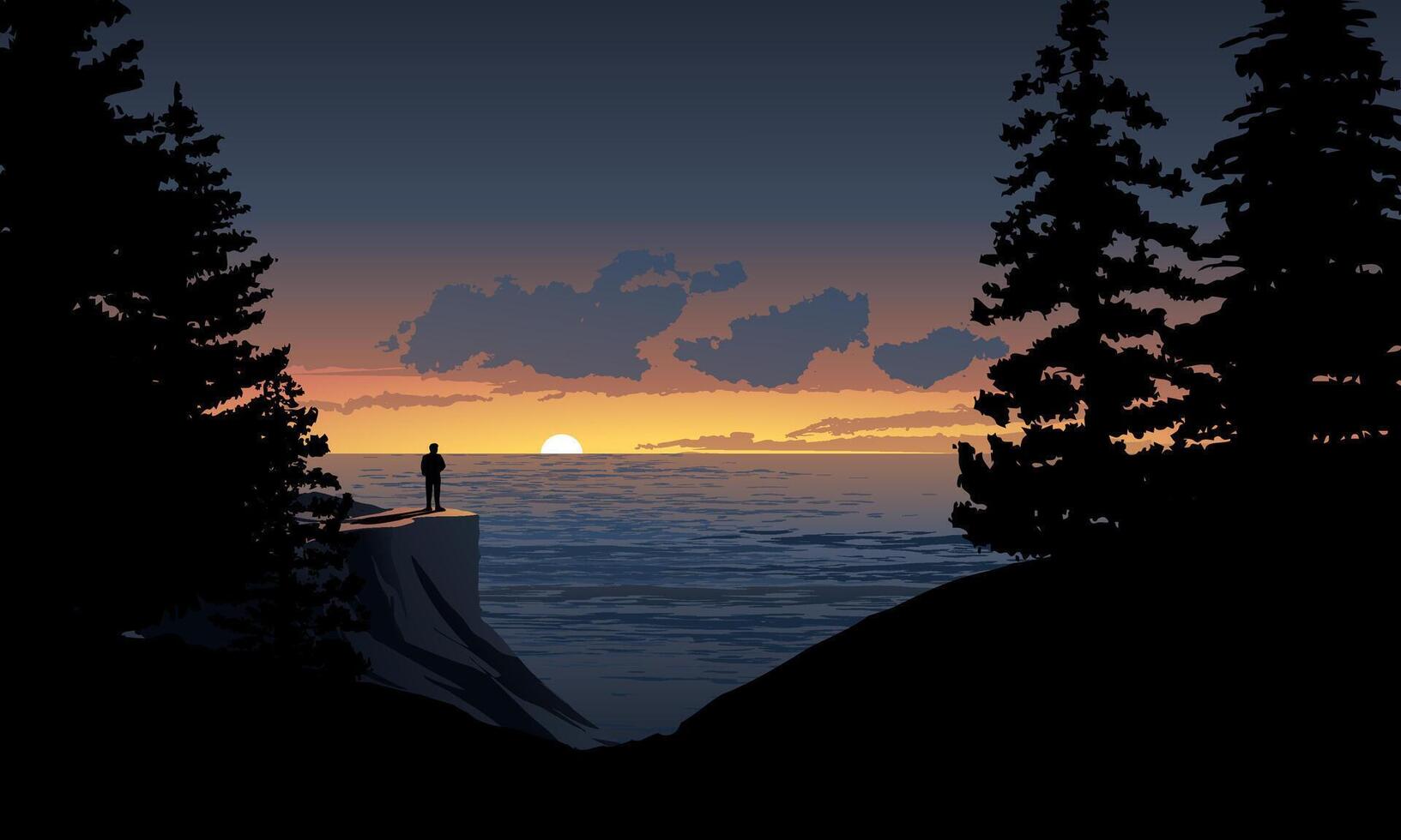 Beach sunset landscape background with hiker standing alone on the clif vector