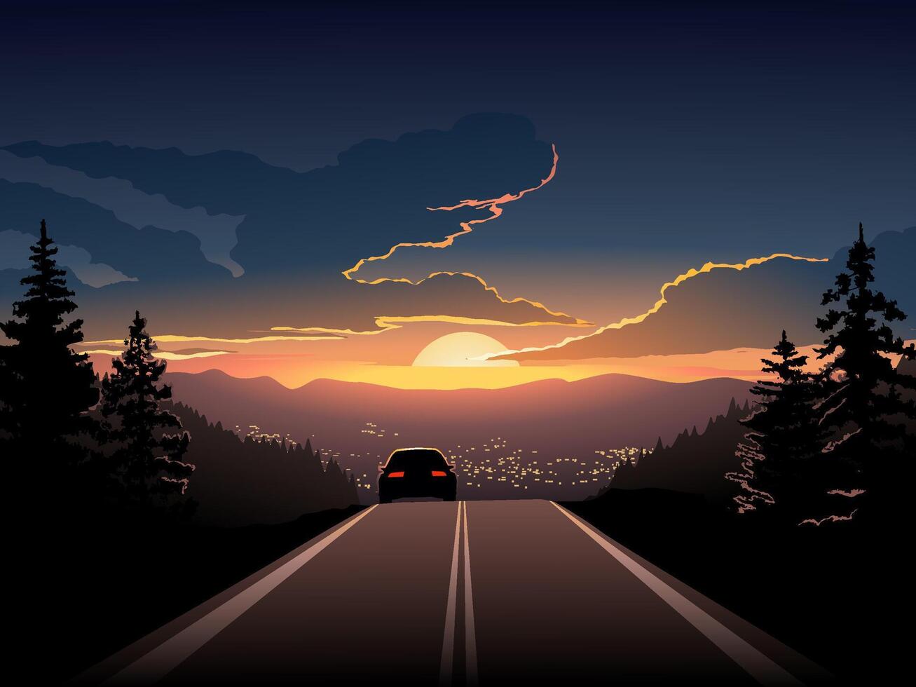 Beautiful sunset view in highway with a car and city skyline vector