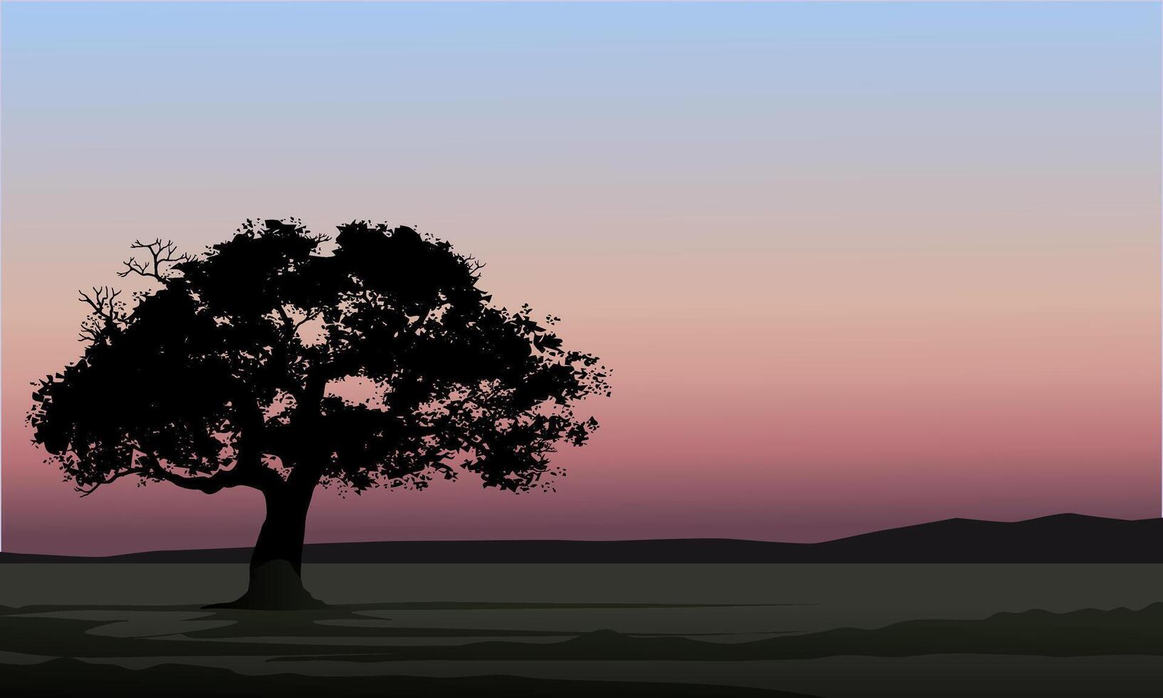Early morning nature landscape illustration with silhouette of a tree vector