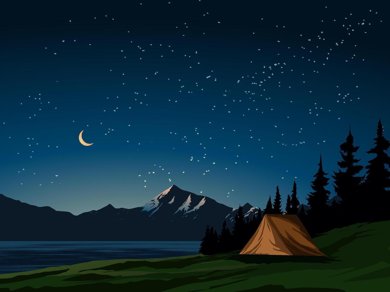 Night scenery with camp at lake vector