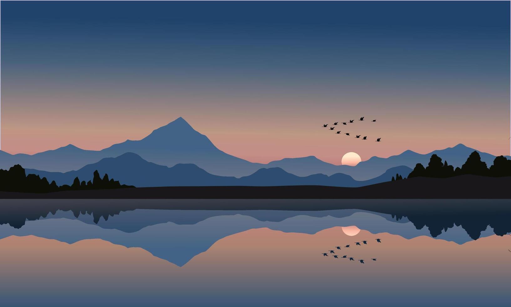 Early morning scenery with mountain and flying birds over the lake vector