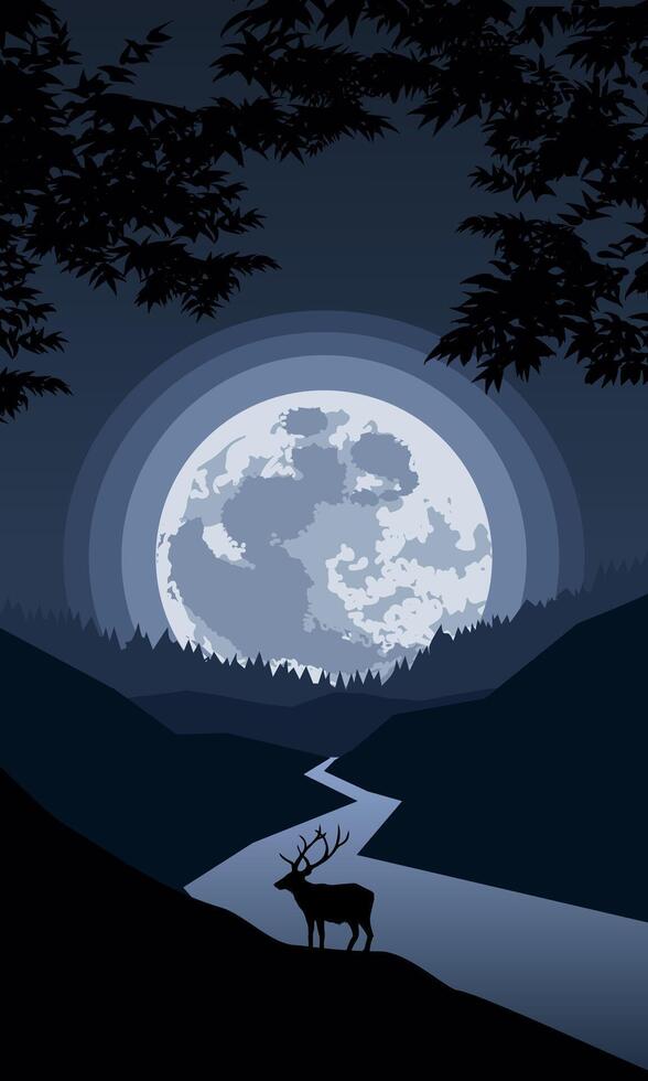 Fantasy night landscape. Silhouette of an elk on the cliff with river and full moon in the background vector