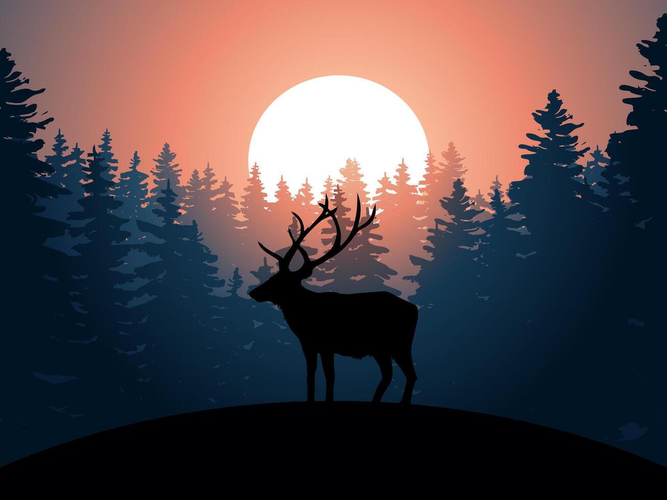 Forest sunset silhouette background with an elk vector