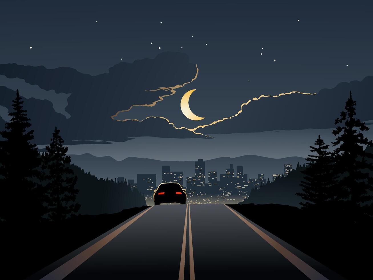 Dramatic calm night over highway with a car and city skyline vector