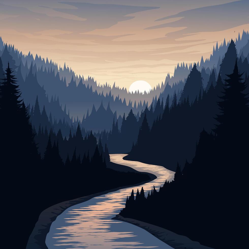 Beautiful sunset landscape over mountain valley with river vector