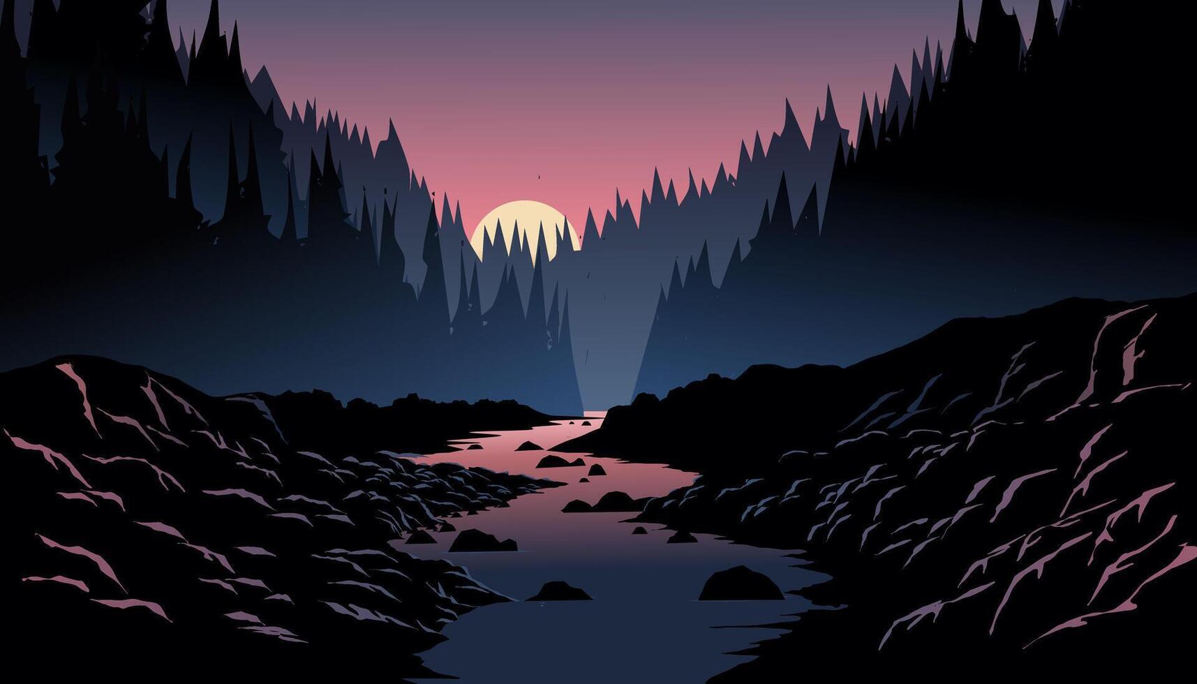 Mountain forest sunset illustration with river vector