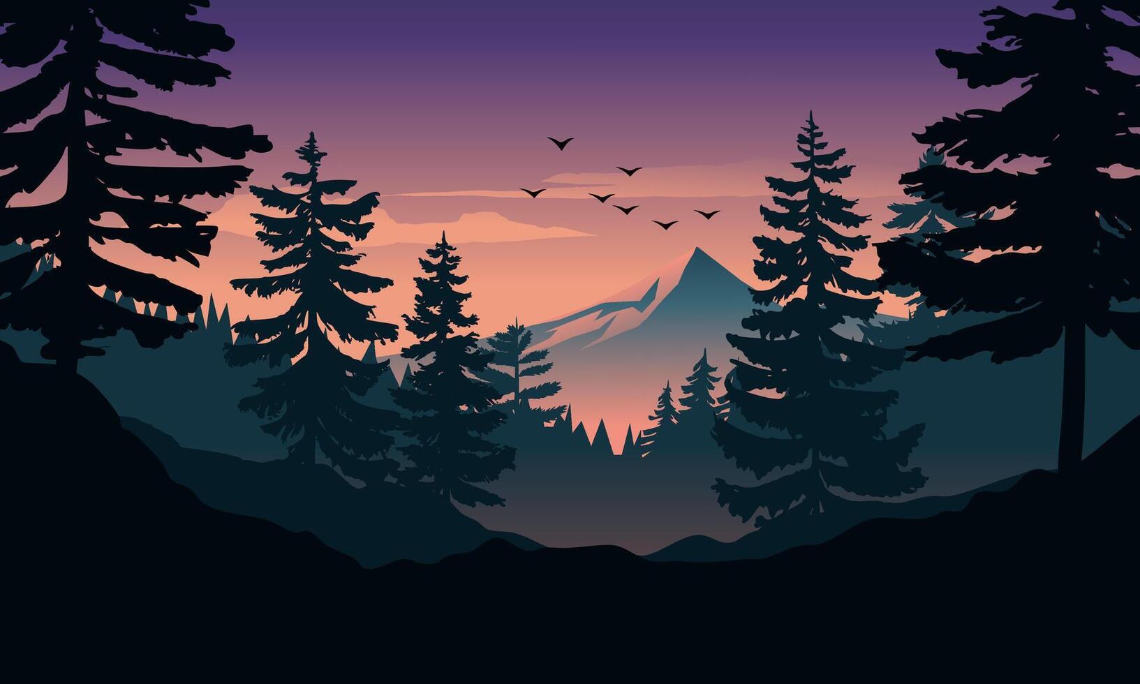 Nature art. Mountain sunrise scenery. Pine forest vector