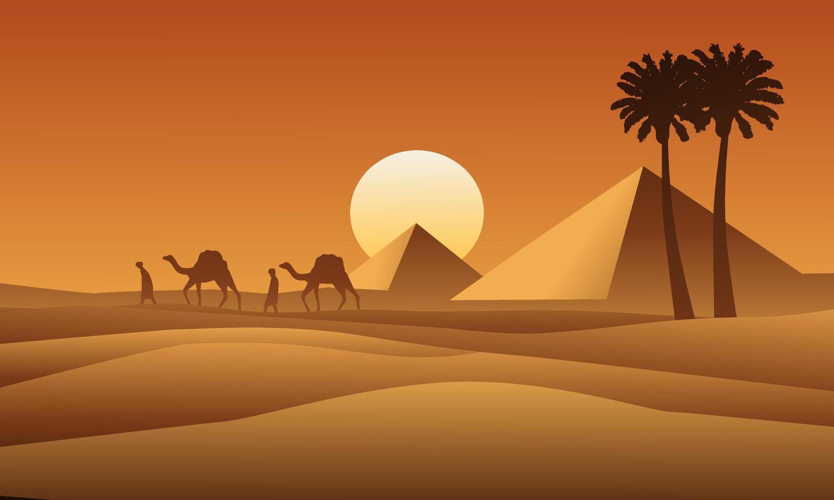Egypt desert sunset landscape illustration with traveller and camels vector