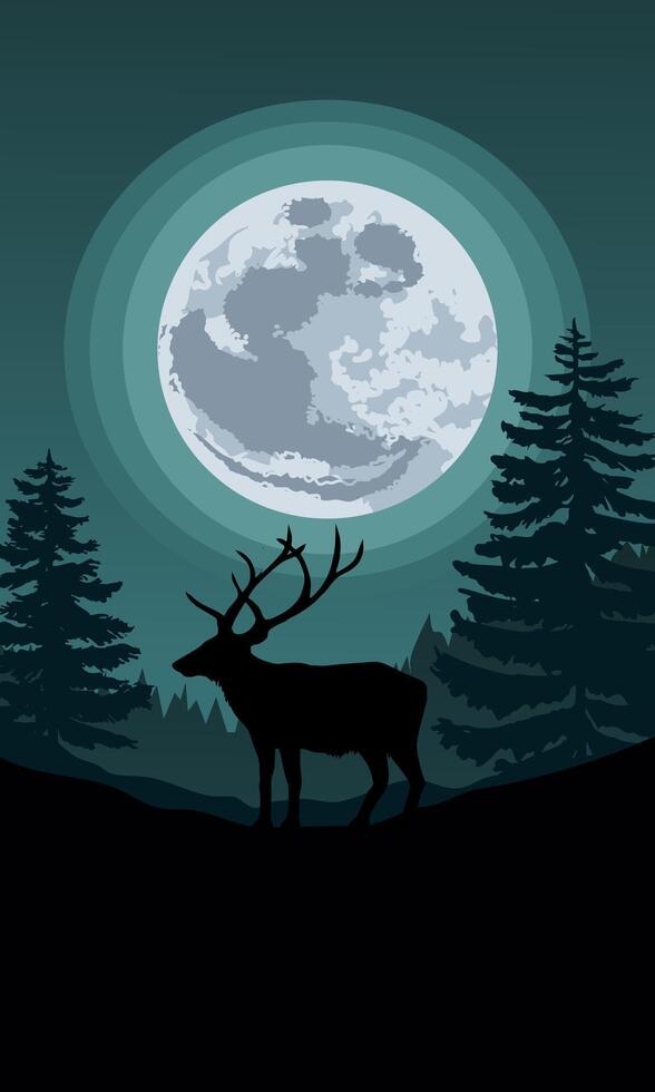 Tranquil night in woodland with a deer and full moon vector