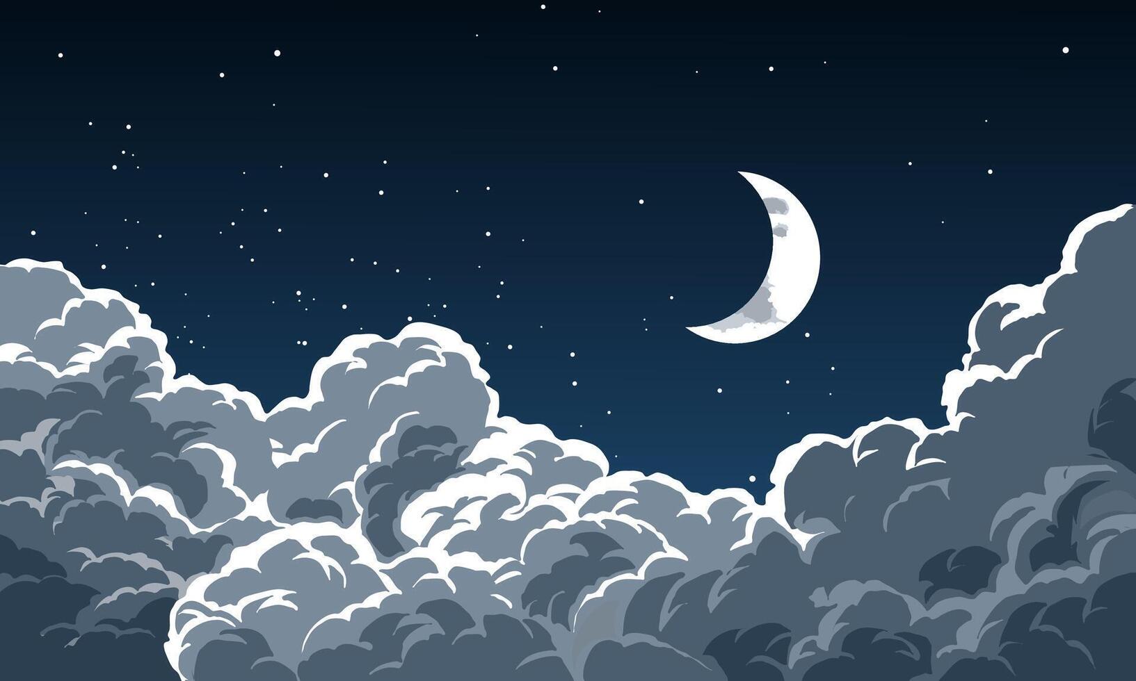 Starry sky illustration with crescent moon over the clouds vector