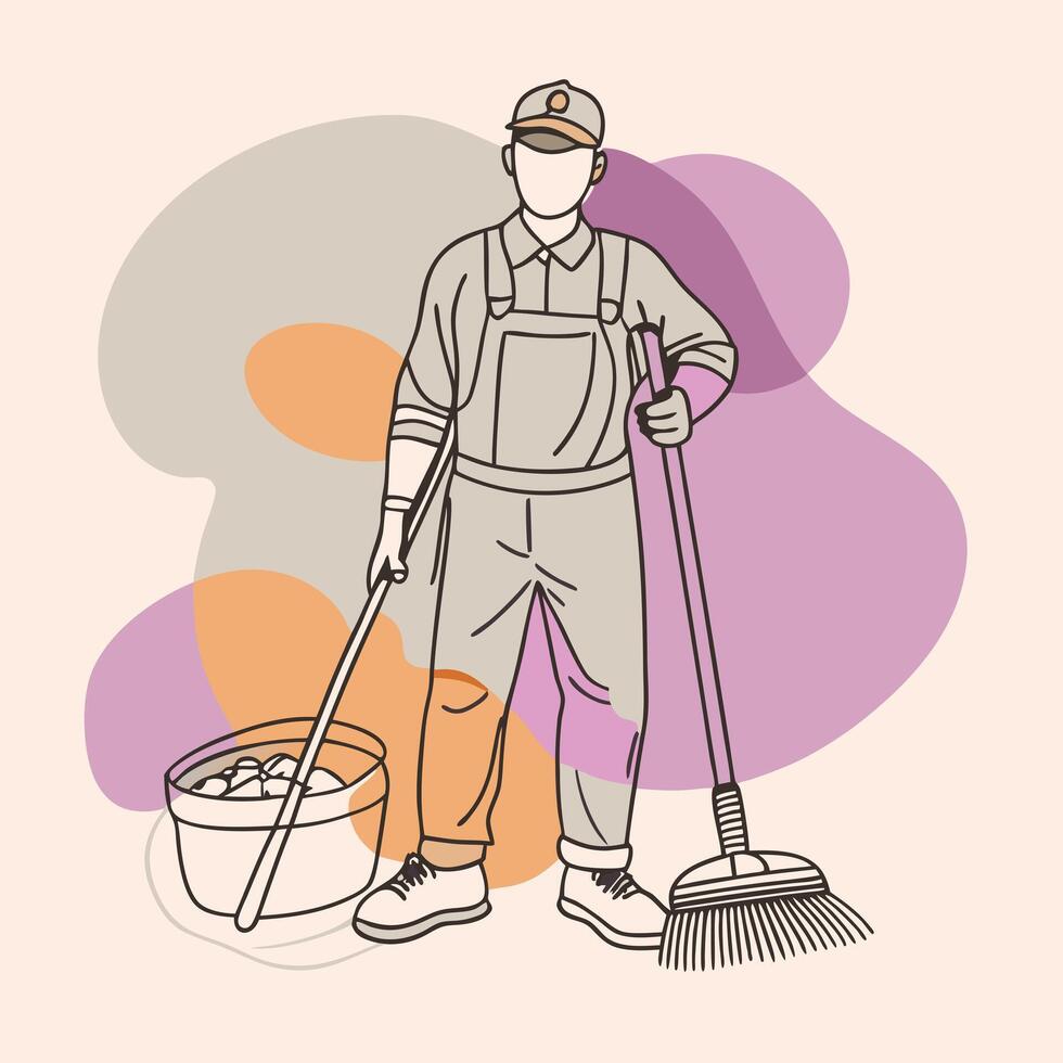 A man in overalls with a broom and bucket vector