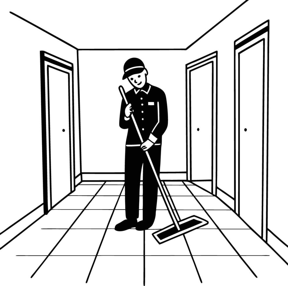 A black and white drawing of a man cleaning a room vector
