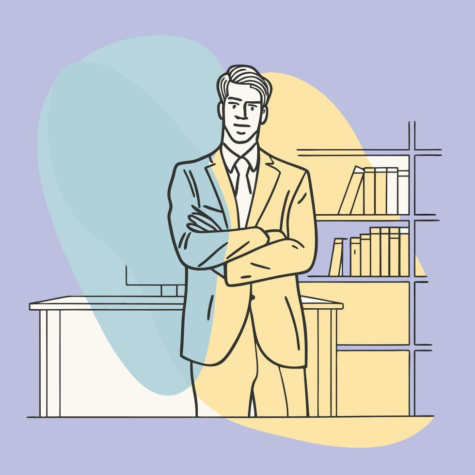 Businessman standing in front of bookshelf with books and bookshelves vector