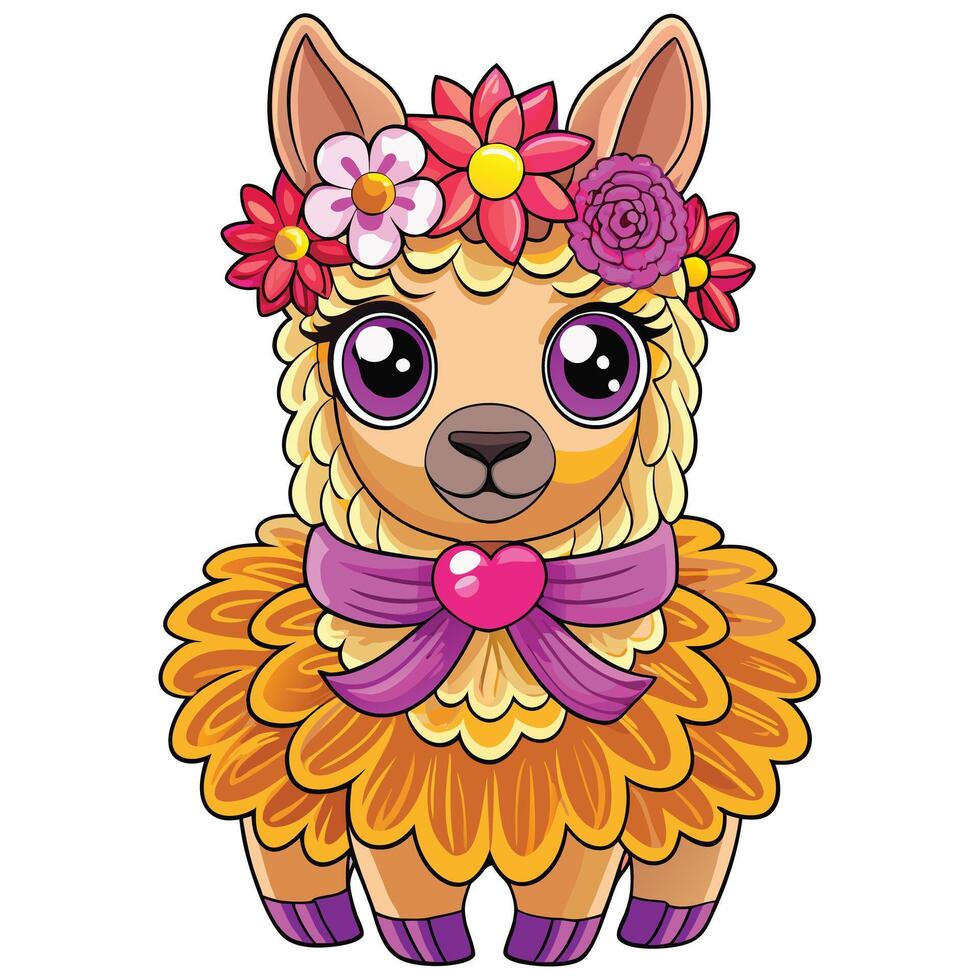 Cute llama with flowers vector