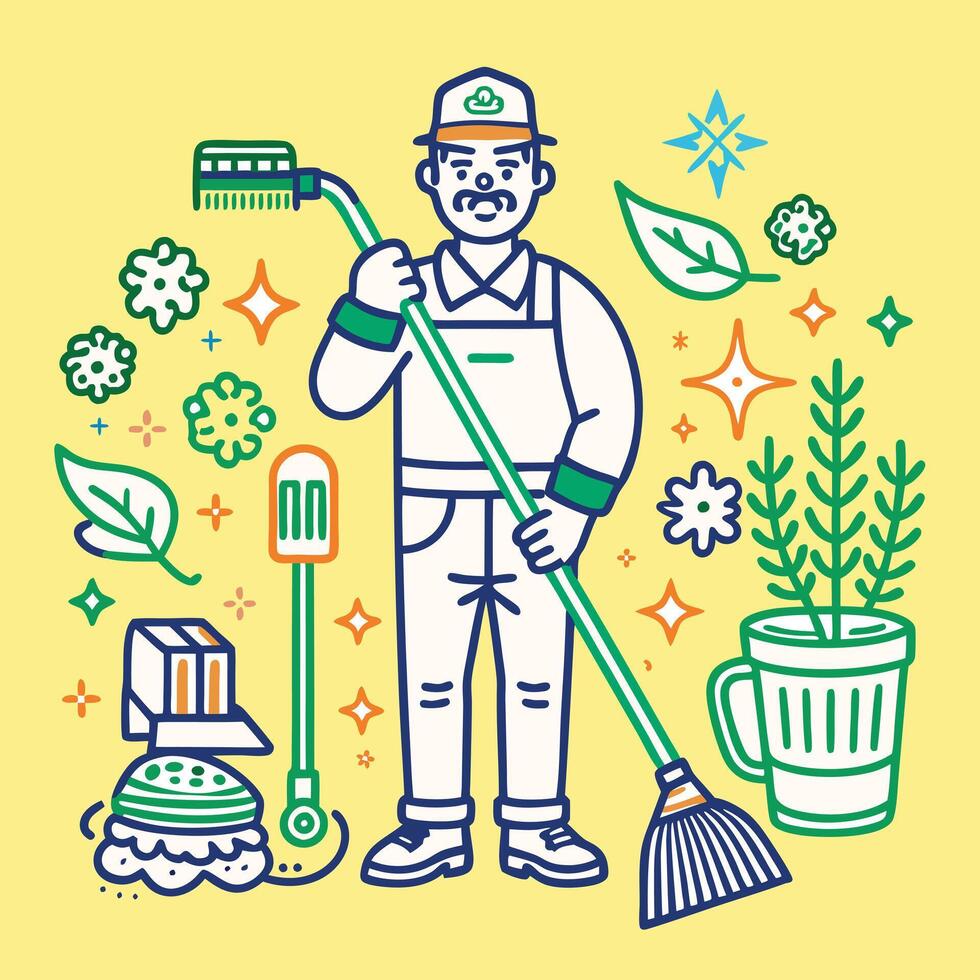 A man with a broom and other cleaning supplies vector