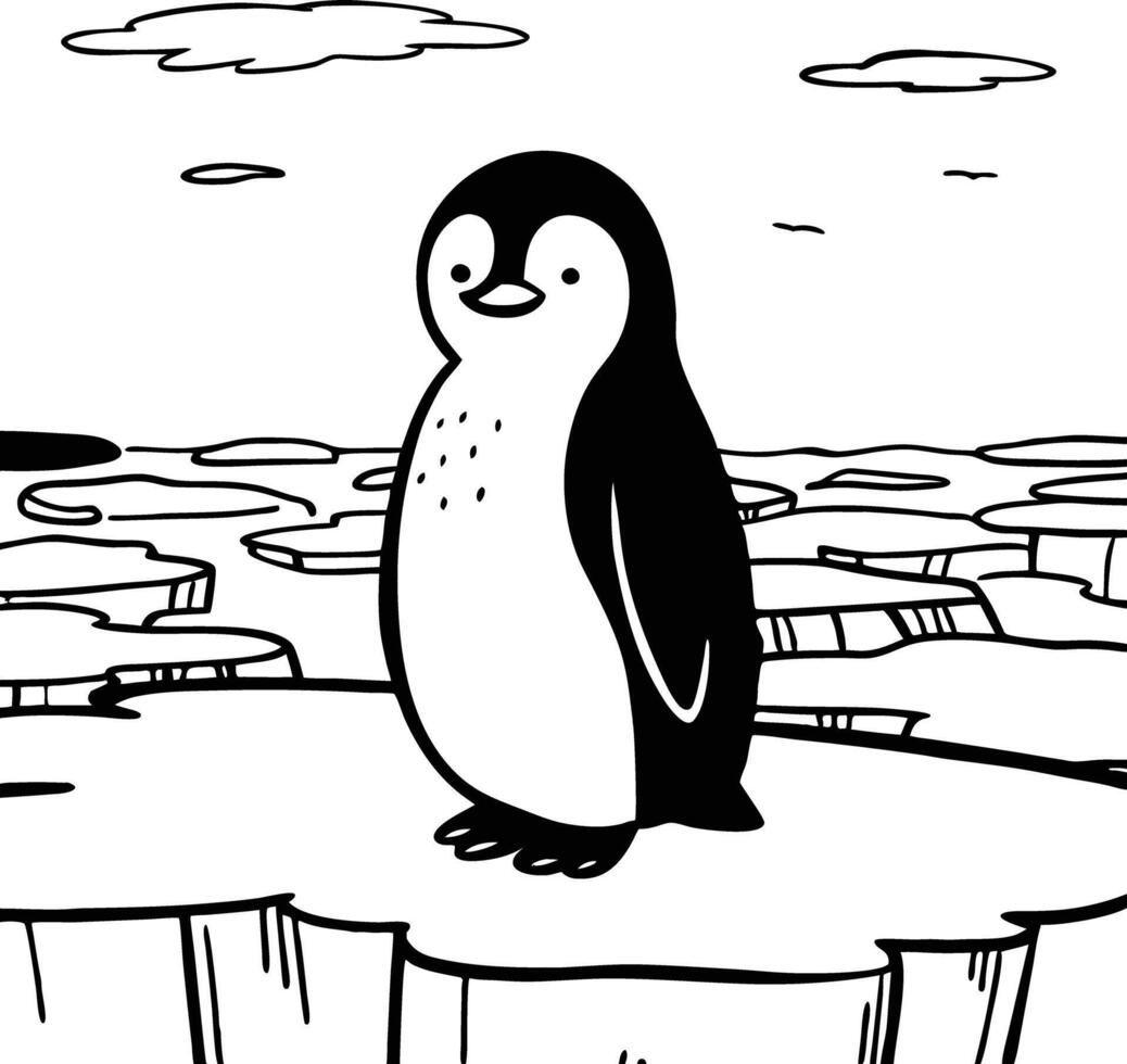 A penguin standing on an ice floe coloring page vector