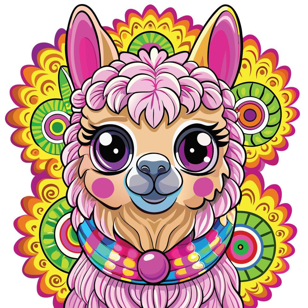 Illustrated llama with colorful flowers and a bow vector