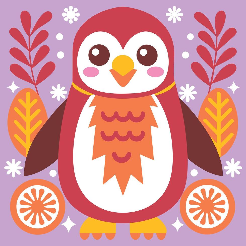 A penguin with orange and red feathers on a purple background vector