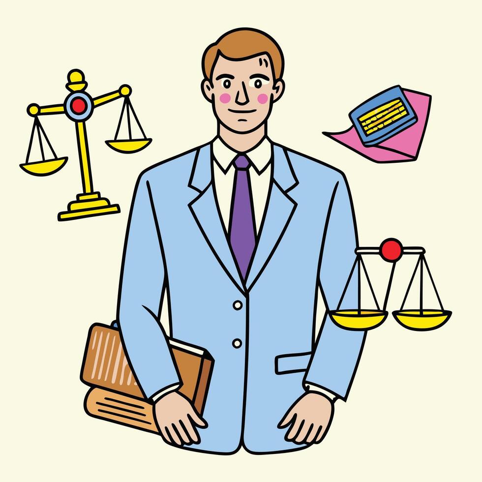A man in a suit holding a balance scale and other items vector