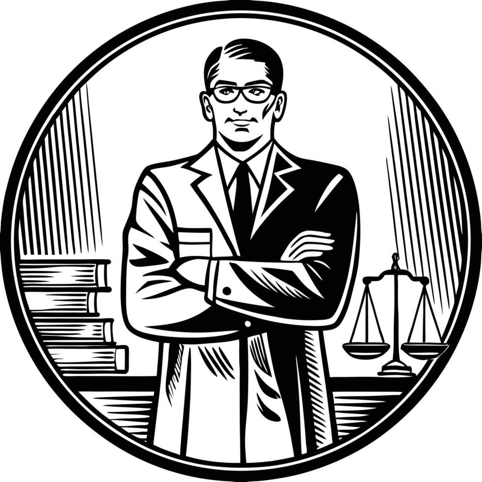 Lawyer standing in front of books and scales vector