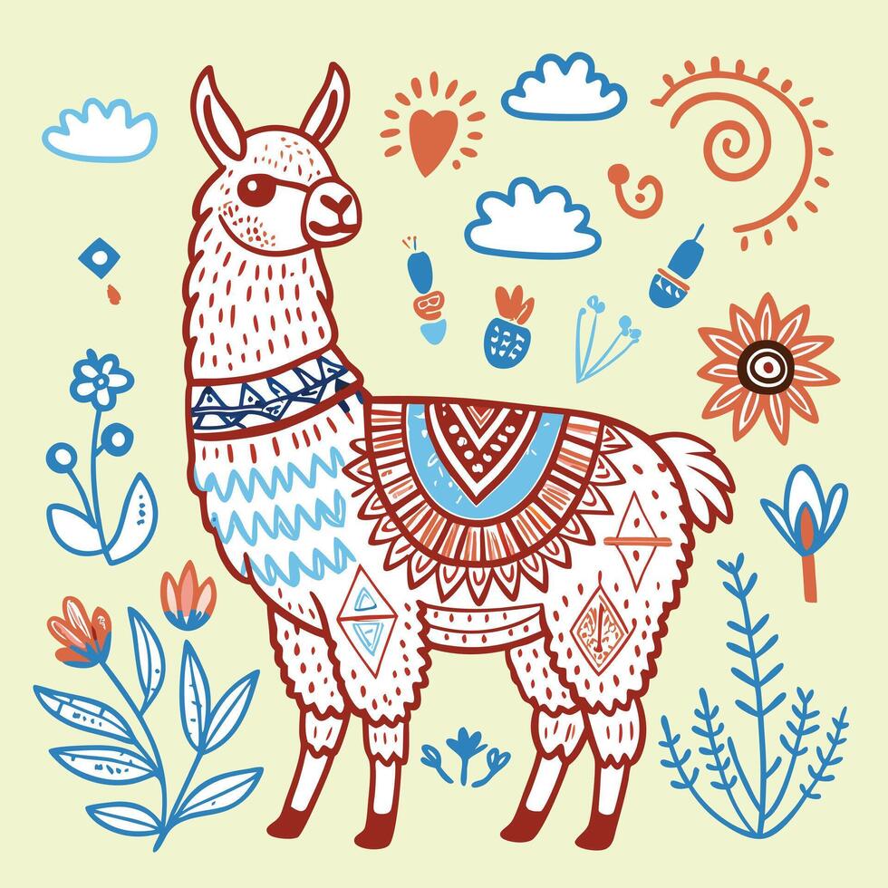 Illustration of a llama with colorful patterns vector