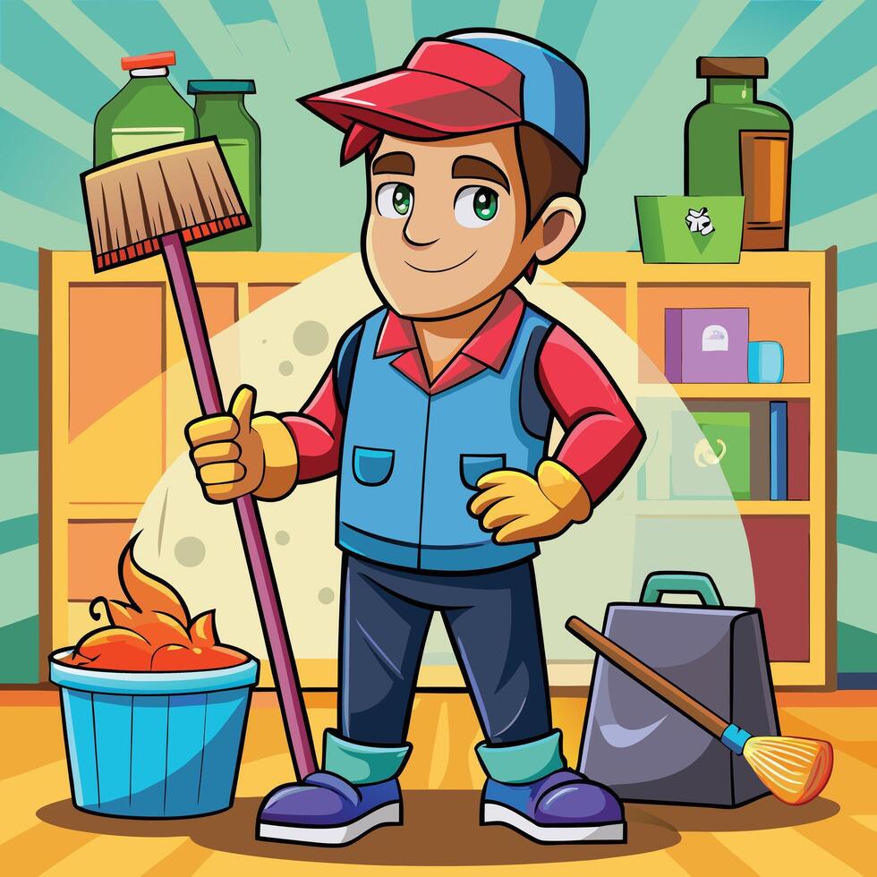 A cartoon man holding a broom and a bucket vector