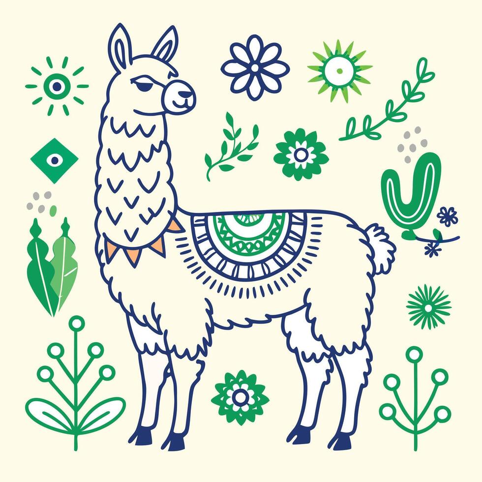 Illustration of llama with flowers and plants vector