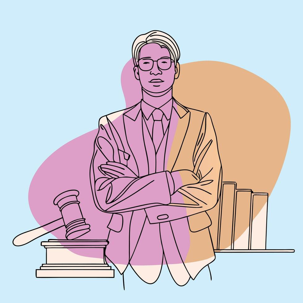 A man in a suit standing next to a gavel vector